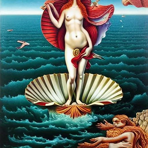 Image similar to THE BIRTH OF VENUS by jacek yerka, alex gray, zdzisław beksiński, dariusz zawadzki, jeffrey smith and h.r. giger, oil on canvas, 8k highly professionally detailed, trending on artstation