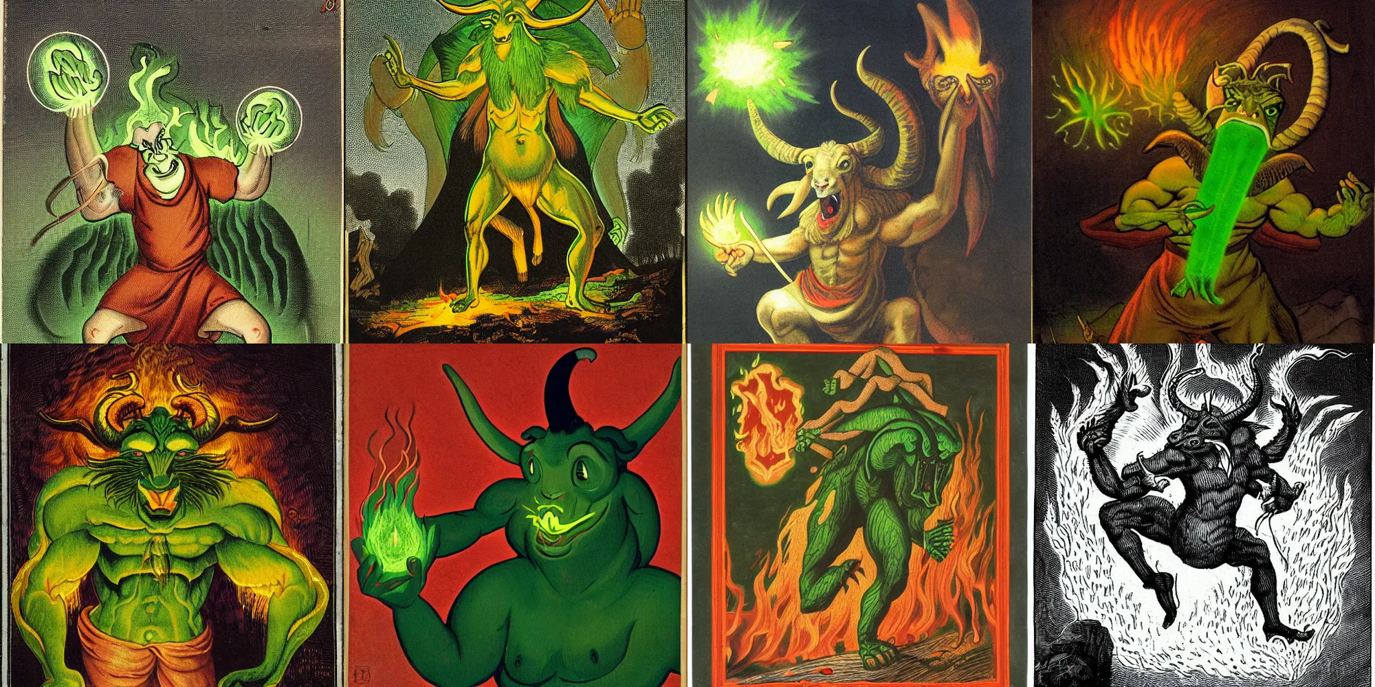 Prompt: A large anthropomorphic goat demon casting green fireballs from his clawed hands, illustrated by Don Ivan Punchatz