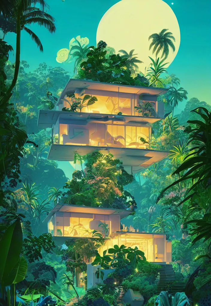 Image similar to a luminescent tropical cottage by paolo eleuteri serpieri and tomer hanuka and chesley bonestell and daniel merriam and tomokazu matsuyama, unreal engine, high resolution render, featured on artstation, octane, 8 k, highly intricate details, vivid colors, vector illustration