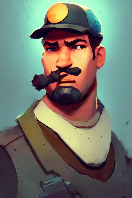 Image similar to beautiful highly detailed realistic stylized character portrait team fortress 2 engineer, detailed character concept art master portrait by ismail inceoglu, trending on artstation