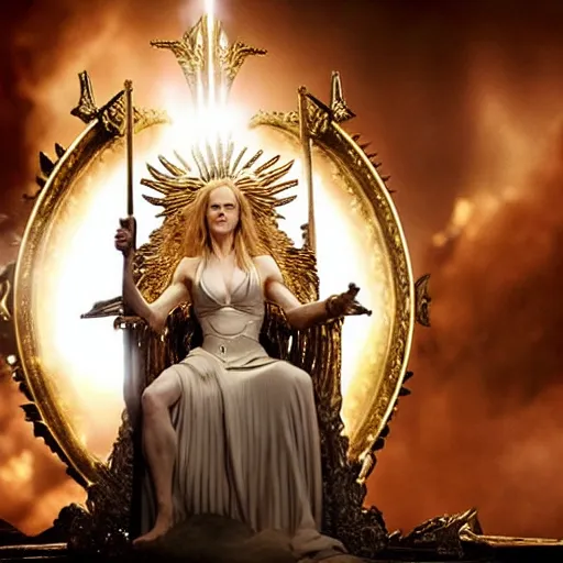 Prompt: cinematic scene with nicole kidman on a majestic throne as the goddess of war, dramatic, small details, volumetric lighting, still frame