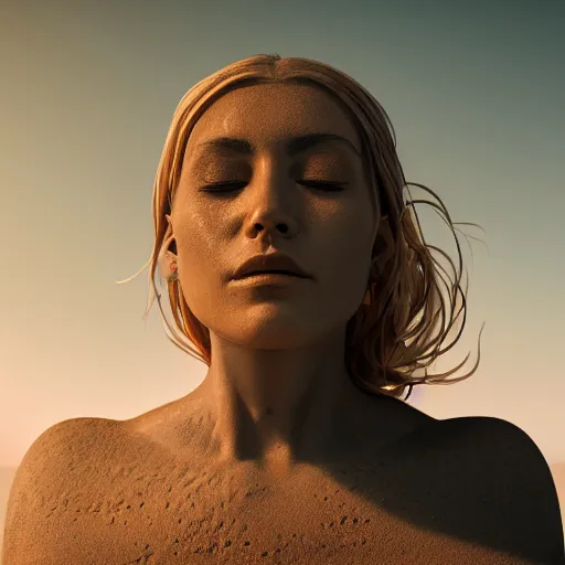 Image similar to a gorgeous goddess face arising out of the desert sand, photorealistic, beautiful dynamic dramatic, shadows, cinematic atmosphere, octane render, 8 k