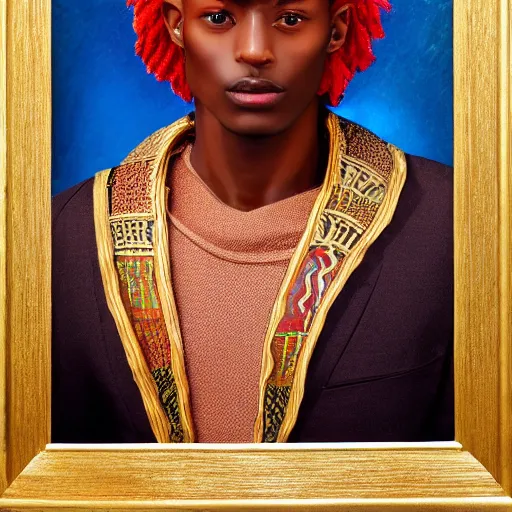 Prompt: a professionally photographed african male model , clothed in ancient suit, dark skin, red gold hair, beautiful bone structure, symmetrical features, stunningly beautiful, intricate, elegant, digital painting, smooth, sharp focus, illustration, made by Sam Gilliam, Edmonia Lewis,