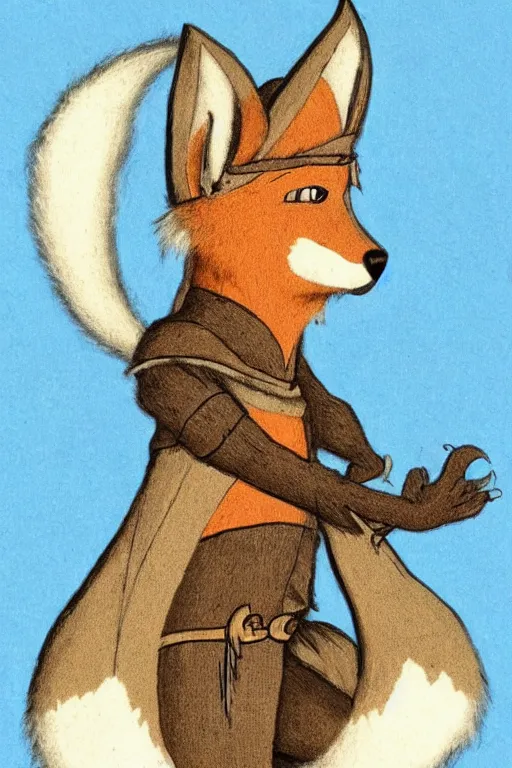 Prompt: a medieval anthropomorphic fox with a fluffy tail as a fursuit