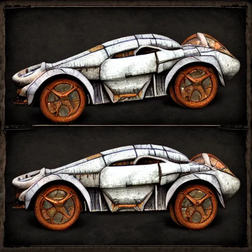 Prompt: planescape art style car concept