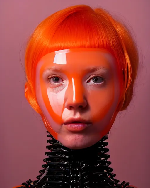 Image similar to symmetrical close - up portrait of a woman wearing a translucent silicone beauty mask and orange hair, wearing a black bodysuit by alexander mcqueen, standing in a garden full of plastic translucent flowers, black background, soft diffused light, biotechnology, humanoide robot, bjork aesthetic, translucent, by rineke dijkstra, intricate details, highly detailed, masterpiece,