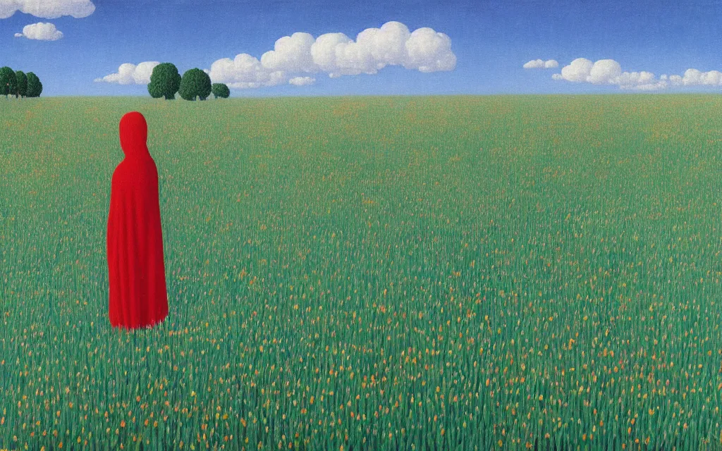 Prompt: grim reaper looking at you in distance in beautiful meadow of flowers, detailed painting by rene magritte