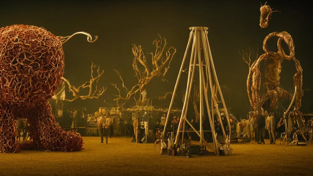 Prompt: the strange creature at the county fair that hid at night, made of metal, film still from the movie directed by Denis Villeneuve with art direction by Salvador Dalí, long lens