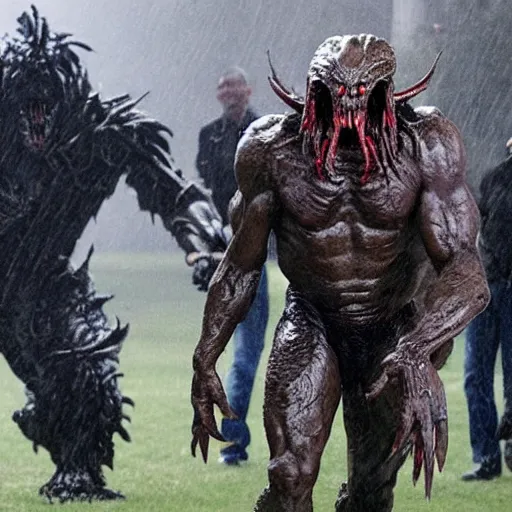 Image similar to a monster from predator is chasing joe biden on the white house lawn during a storm, dramatic