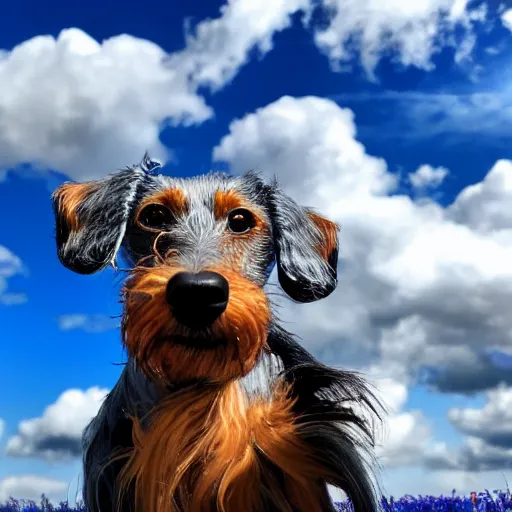 Image similar to a grey, elderly wire-haired dachshund floating in heaven, blue sky, surrounded by beautiful white clouds