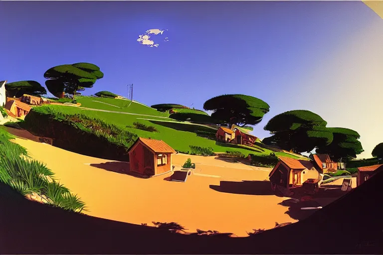 Image similar to a small village on top of a hill near the sea, painted by Syd Mead, Low key lighting, ultra detailed, 8k, fisheye