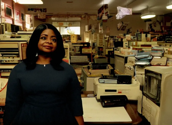 Image similar to cinematic shot of octavia spencer in an small used electronics store next to an old electronic keyboard, iconic scene from the paranoid thriller sci fi film directed by stanley kubrick, anamorphic cinematography, beautiful composition, color theory, leading lines, photorealistic, moody volumetric lighting