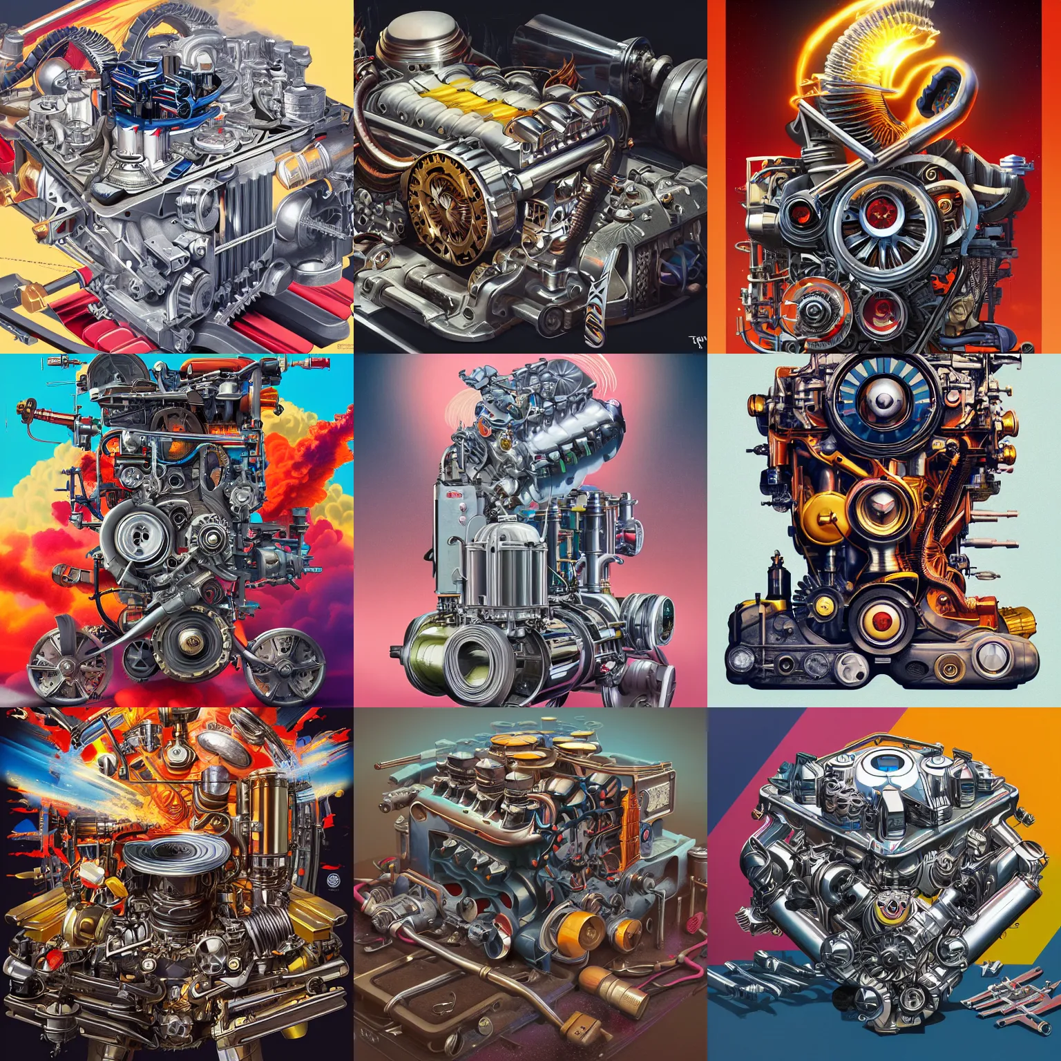 Prompt: exploded view illustration of a combustion engine by Tristan Eaton, Stanley Artgerm, Tom Bagshaw, bright colors, direct sunlight, harsh shadows, 8k high definition