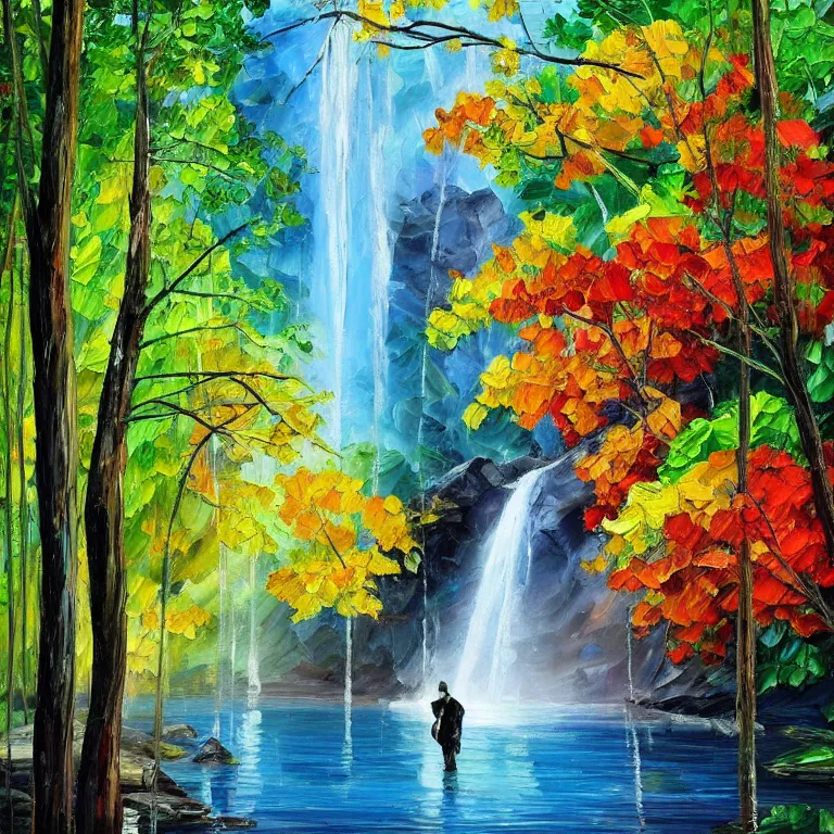 Image similar to A beautiful oil painting of a very tall waterfall on a very rocky cliff, in the middle of a huge forest of trees with bright blue glowing leaves, by Afremov