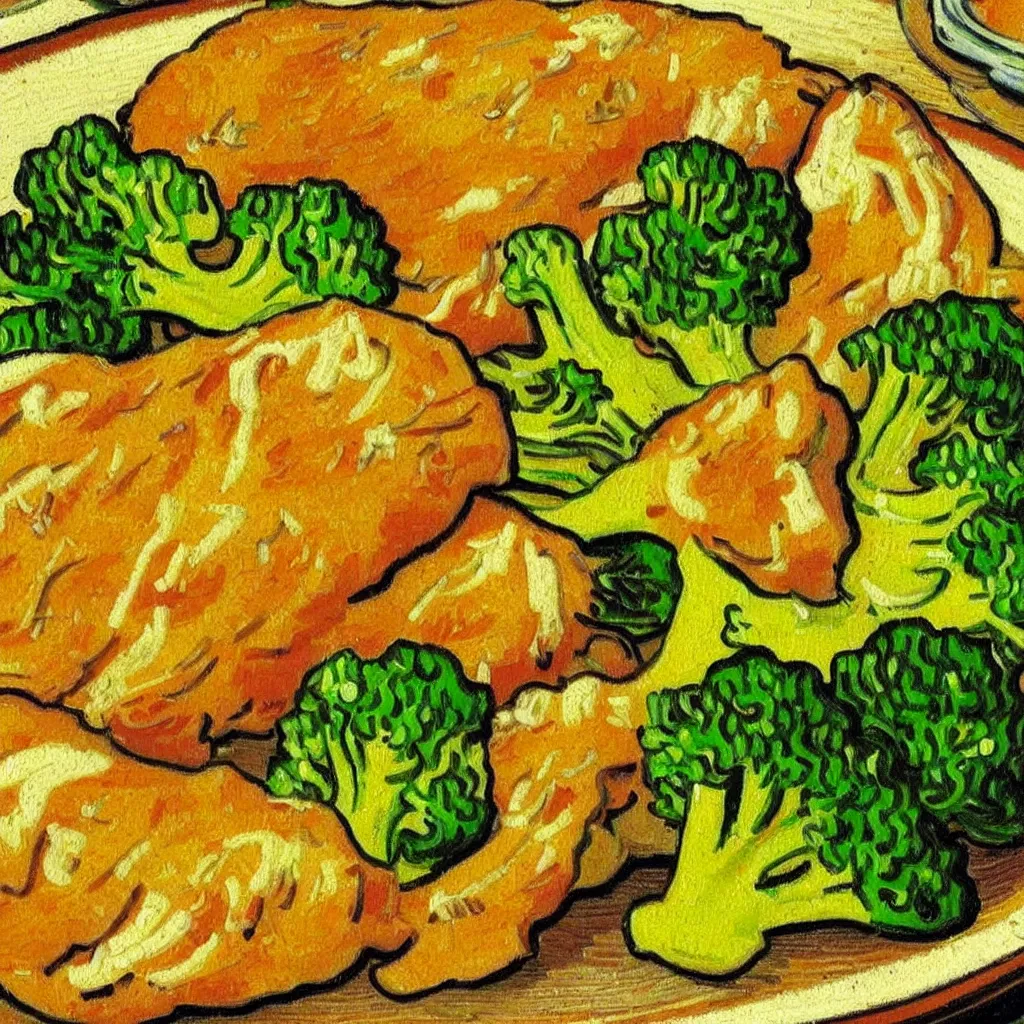 Prompt: closeup of a plate with chicken, broccoli, rice, painting by van gogh