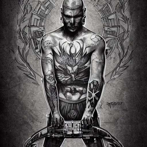 Image similar to Russian prisoner with russian criminal tattoos, highly detailed, symmetrical, detailed ink illustration, raiden metal gear, cinematic smooth, deep aesthetic, concept art, post process, 4k, , evil, moody lighting