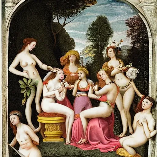 Prompt: The painting shows Venus seated on a crescent moon. She is surrounded by the goddesses Ceres and Bacchus, who are both holding cornucopias. by Maria Sibylla Merian lively