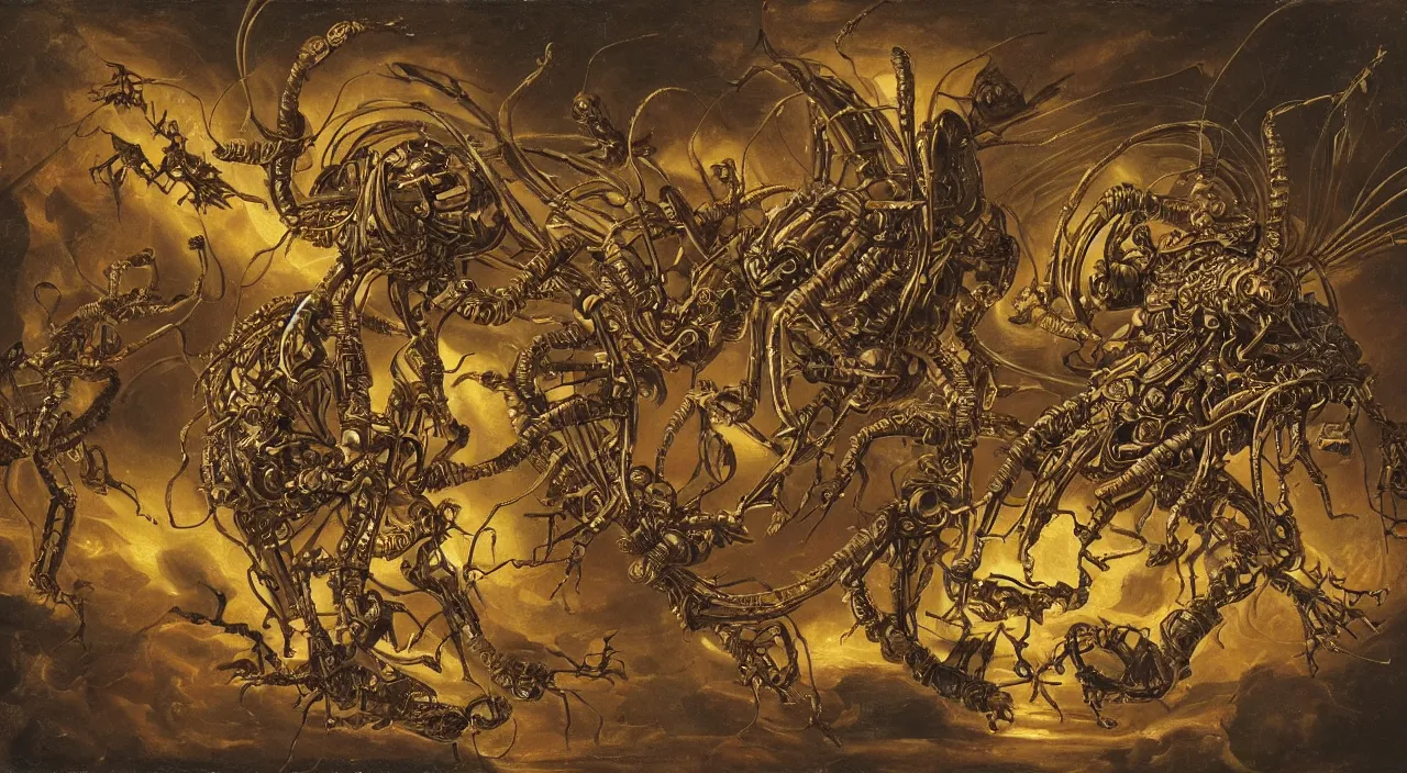 Prompt: a enormous ultra - intricate biomechanical firefly, attacking a 7 monkeys riding giant ants, by most renowned artist of the baroque, hiperrealism,