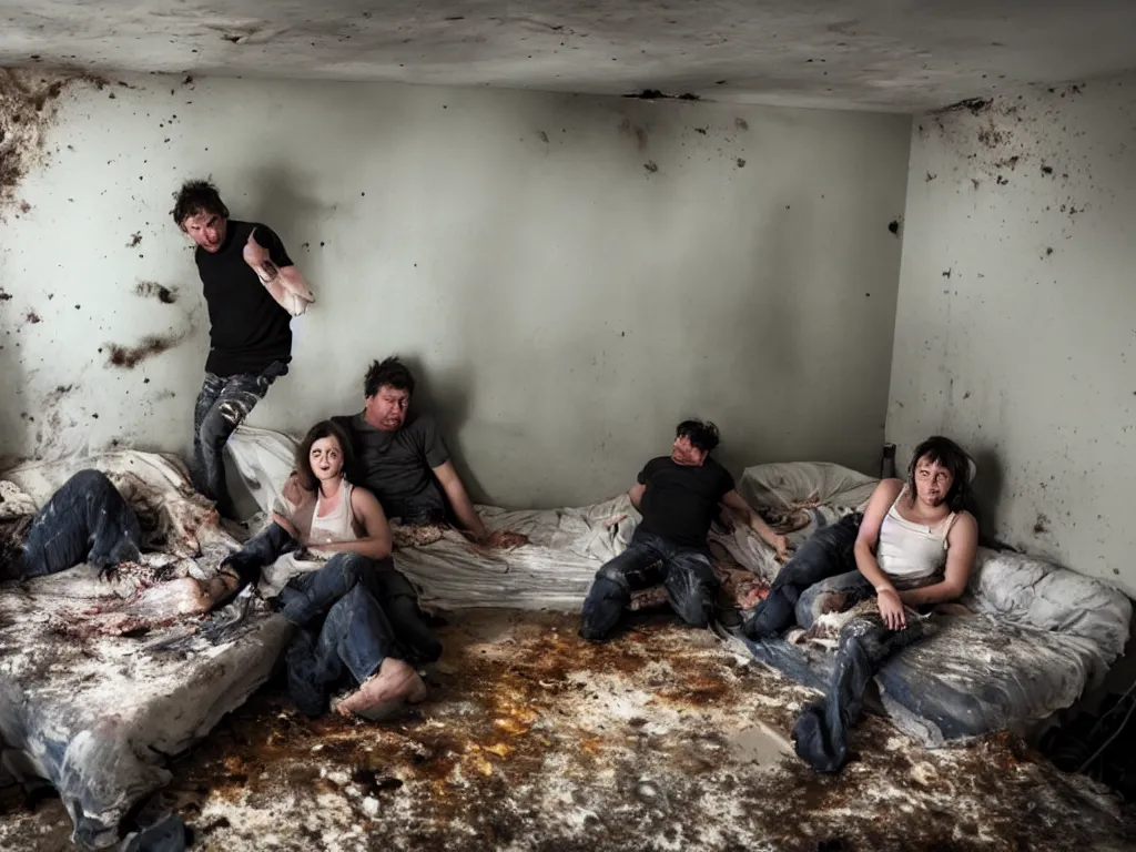 Prompt: a photograph of a man and a woman in a disgustingly filthy apartment, they are mouldy and obviously intoxicated. they have merged with the walls and ceiling, levitating above a cloud of nebulous dogs