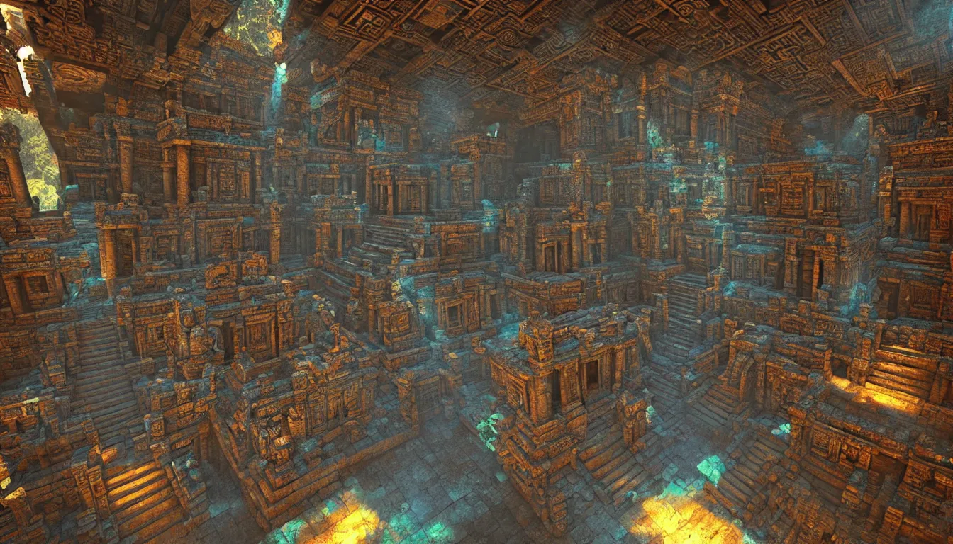 Prompt: ancient mayan temple halls , side-scrolling 2d platformer game level, glittering dust in the air illuminated by the dusk sun through the ceiling cracks, fantasy gigantic religious totem ruins with intricate mayan glyphs, volumetric light , detailed carved ornaments, rich color, upscale , 8k