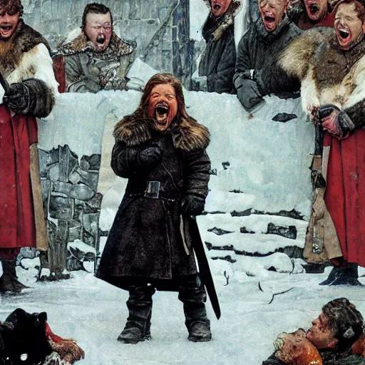 Image similar to ned stark screaming in winterfell by norman rockwell