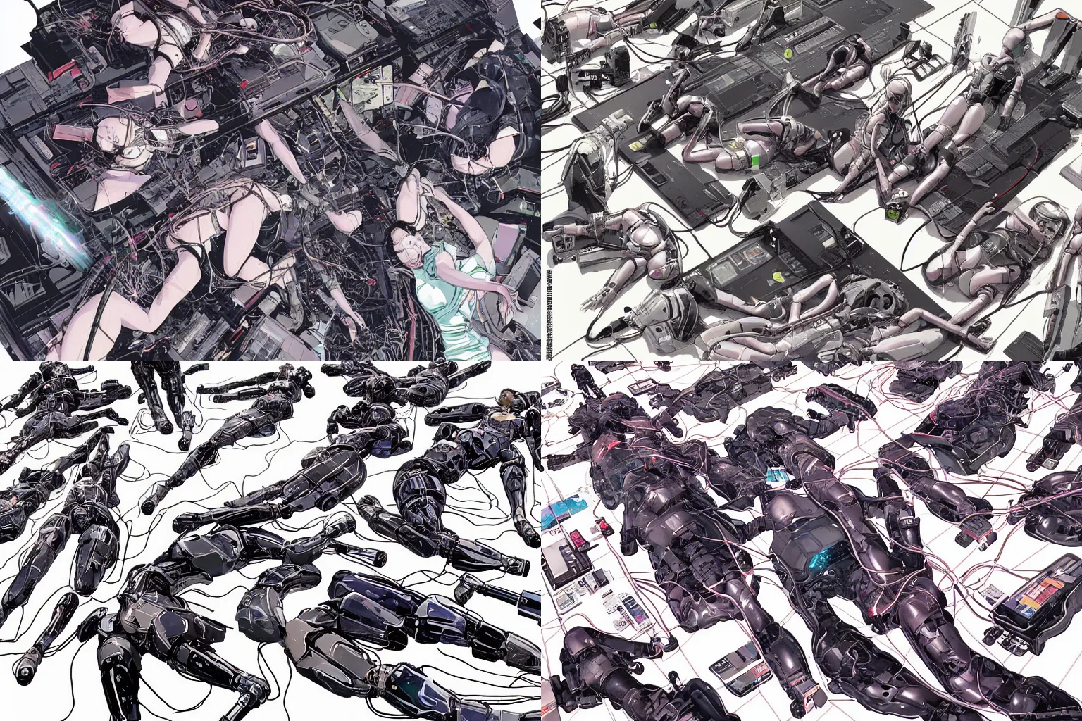 Image similar to a cyberpunk illustration of a group of coherent female androids in style of masamune shirow, lying on an empty, white floor with their bodies broken scattered rotated in different poses and cables and wires coming out, by yukito kishiro and katsuhiro otomo, hyper-detailed, intricate