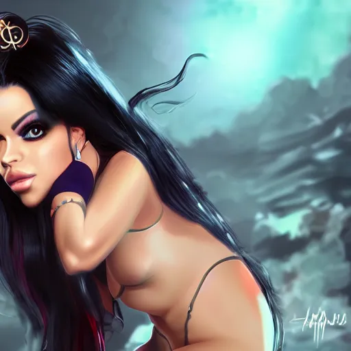 Image similar to portait of haifa wehbe, concept art, long hair centred, hd, very detailed curve, digital painting, unreal engine, sailor moon style, amazing background