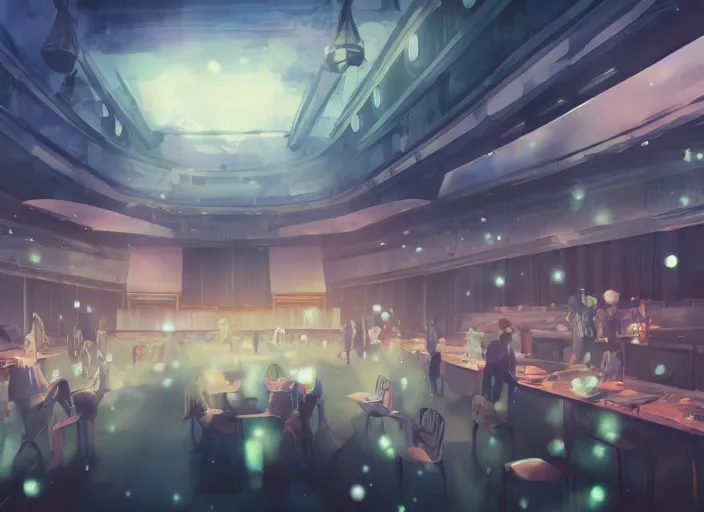 Prompt: anime background clean neat clarity professional visual development set design, large hall, a lot of people sitting on round 1 0 tables, dim painterly lighting volumetric aquatics, impasto, trending on pixiv