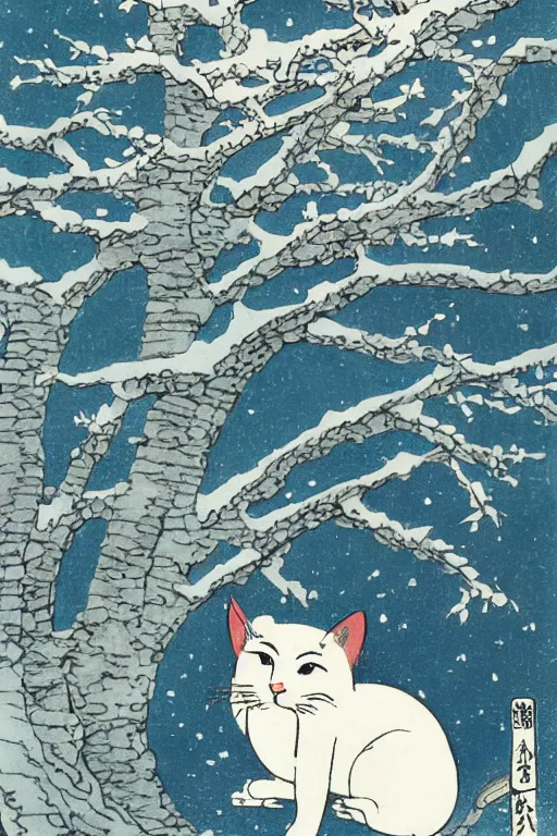 Prompt: white cat in the tree in winter day in the style of Utagawa Hiroshige