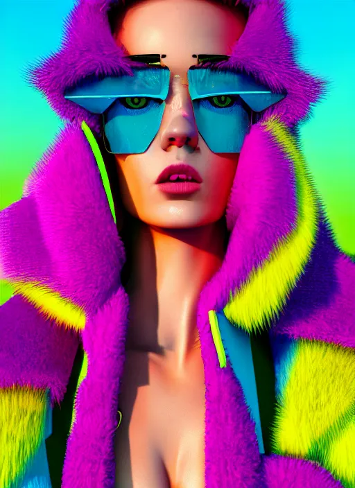 Prompt: stylish coat for a rave, bright colors, many details, prints, photo for a magazine, photo for a store, fashion photography, Vogue, 135 mm, cinematic, hyper realism, high detail, octane render, 8k, chrome accents, very coherent symmetrical artwork, perfect face model, full length photo, Upper and lower body, light skin tone