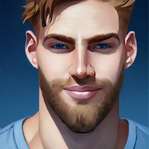 Image similar to tall chunky man in his twenties with brown blond short regular haircut and round facial structure with cleft chin, straight eyebrows, big grey blue eyes, grinning, cheekbones, straight nose, wider face, shadow of beard, atmospheric lighting, painted, intricate, 4 k, highly detailed by charlie bowater