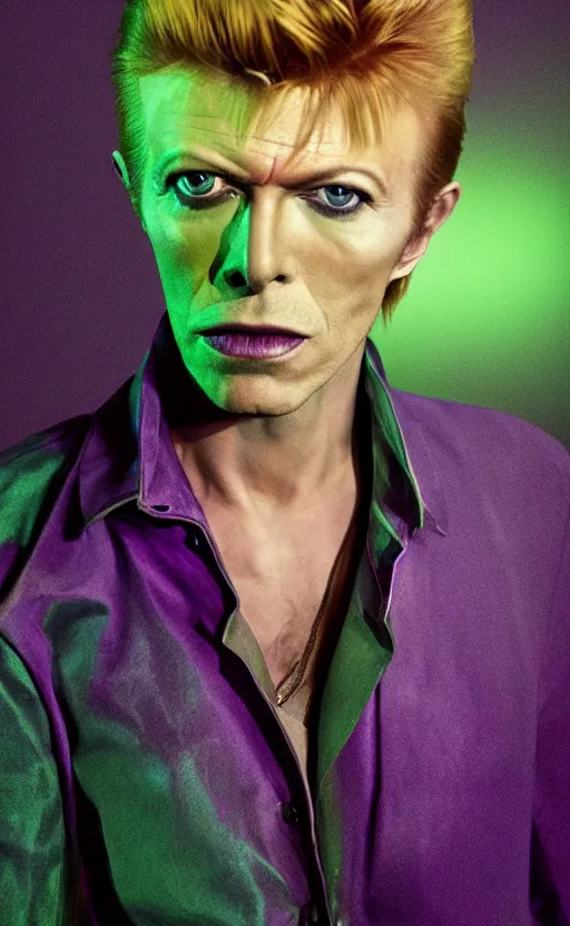 Image similar to a realistic photo of blond David Bowie in purple jacket and light green shirt, studio photography , dark grey background, softly backlit, gentle smoke effect, photo courtesy Museum of art