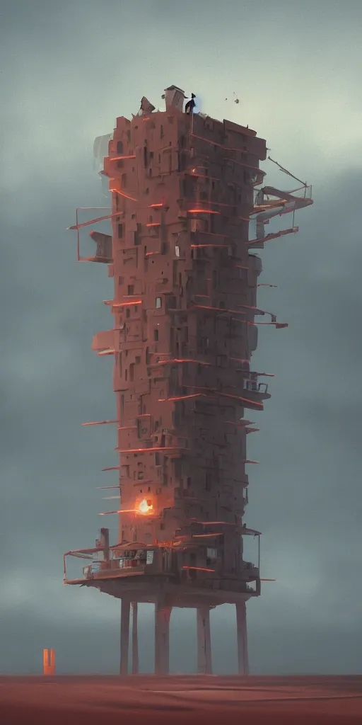 Image similar to a concrete tower with several power cables coming from the top of the tower and going out of frame, the tower stands in red sand beach, ocean waves, cloudy day, blue hour, by filip hodas, by simon stalenhag, cinematic, dramatic light, concept art, matte painting, trending on artstation, dystopia, cyberpunk