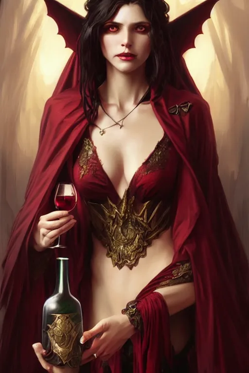 Image similar to Beautiful vampire female princess holding wine, Full body shot, D&D, fantasy, intricate, elegant, highly detailed, digital painting, artstation, concept art, matte, sharp focus, illustration, hearthstone, art by Artgerm and Greg Rutkowski and Alphonse Mucha