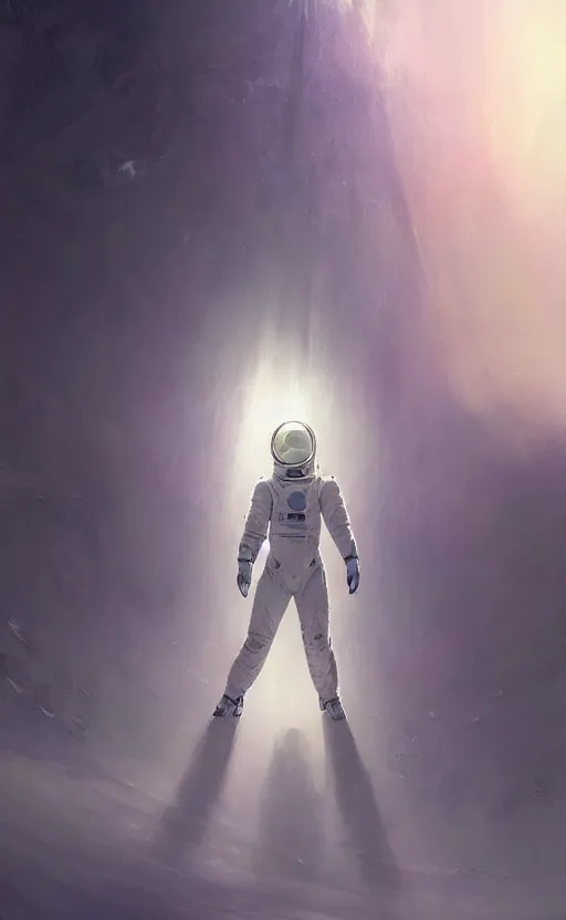 Prompt: a beautiful artwork illustration, concept art sketch of an astronaut in white futuristic cybernetic armor, a shining object in the distance, volumetric fog, godrays, high contrast, vibrant colors, vivid colors, high saturation, by Greg Rutkowski and Jesper Ejsing and Raymond Swanland and alena aenami, featured on artstation, wide angle, vertical orientation