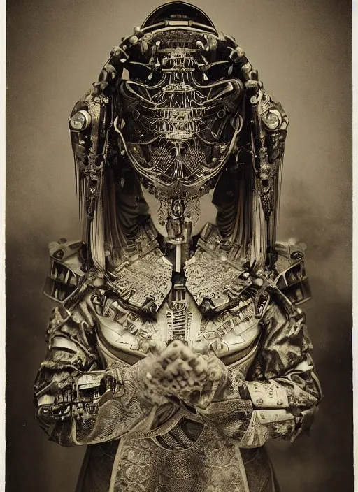 Image similar to old wetplate daguerreotype frame portrait of a futuristic silver armored geisha emperor district 9 cyborg, fractal, intricate, elegant, highly detailed, subsurface scattering, by jheronimus bosch and greg rutkowski and louis jacques mande daguerre