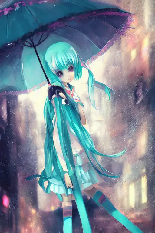 Image similar to hatsune miku in the rain under an umbrella, by wlop, concept art, poster