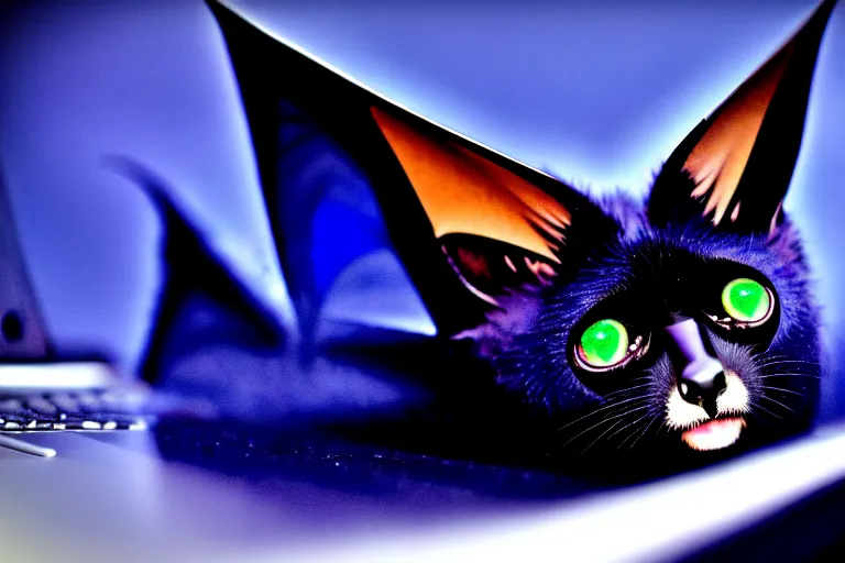 Image similar to a blue - and - black male catbat fursona with blue / green heterochromatic eyes and huge bat ears, photo of the catbat streaming on his computer