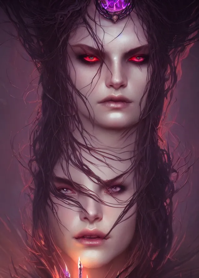 Image similar to Necromancer Sorceress face close-up macro in center, fantasy magic, undercut hairstyle, dark light night, intricate, elegant, sharp focus, illustration, highly detailed, digital painting, concept art, matte, art by WLOP and Artgerm and Greg Rutkowski and Alphonse Mucha, masterpiece