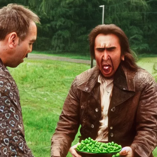 Image similar to nicolas cage screaming with a mouth full of peas, movie still, the wicker man