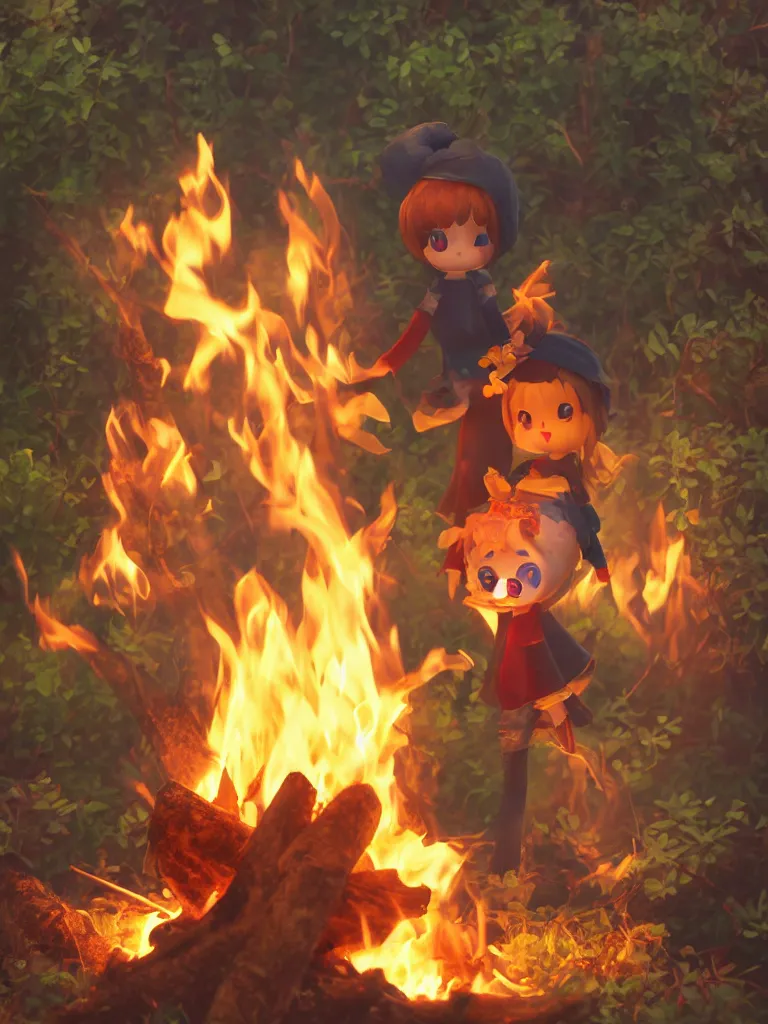 Prompt: cute fumo plush pyromaniac girl giddily starting a fire in the forest, campfire, flames, warm glow and volumetric smoke vortices, composition, vignette, vray