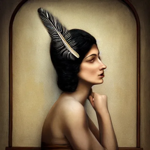 Prompt: a painting of a woman with a feather on her head, an art deco painting by brad kunkle, trending on cgsociety, gothic art, photoillustration, deviantart, daz 3 d