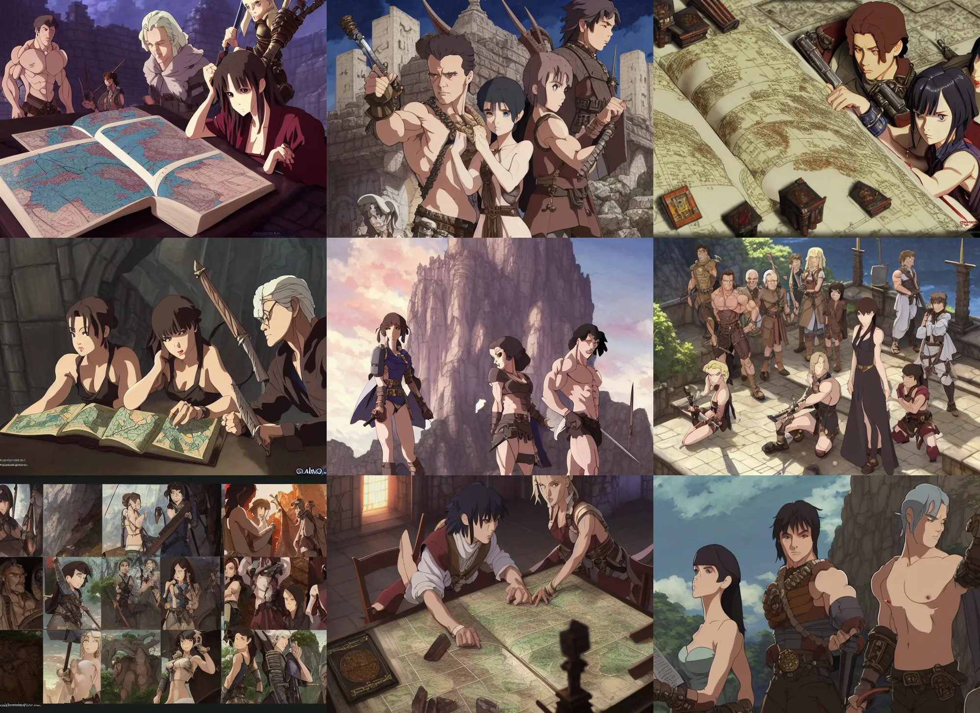 Prompt: film still dnd, schwarzenegger, beckinsale, charlize theron, lawther playing dnd, dices map book miniatures, finely detailed features, closeup at the faces, perfect art, at an ancient city, gapmoe yandere grimdark, trending on pixiv fanbox, painted makoto shinkai takashi takeuchi studio ghibli, akihiko yoshida