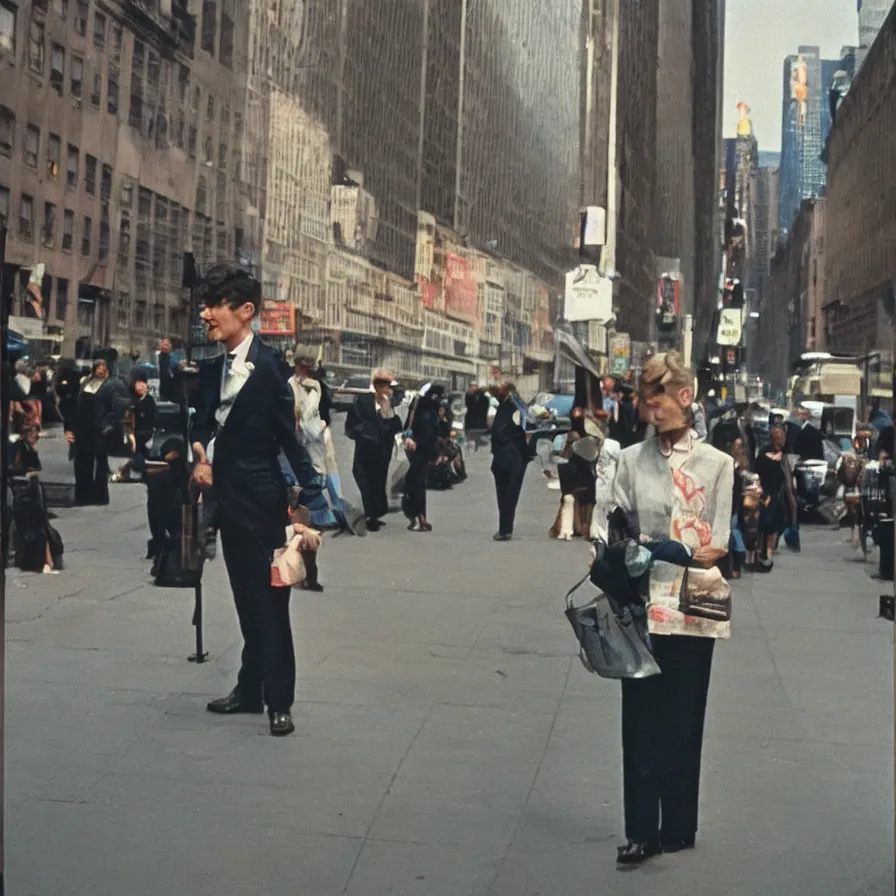 Image similar to street photograph portrait in new york from the 1 9 6 0 s, ultra detailed hyper realistic lifelike, photographed on colour film, photo taken with ektachrome, # film, film grain