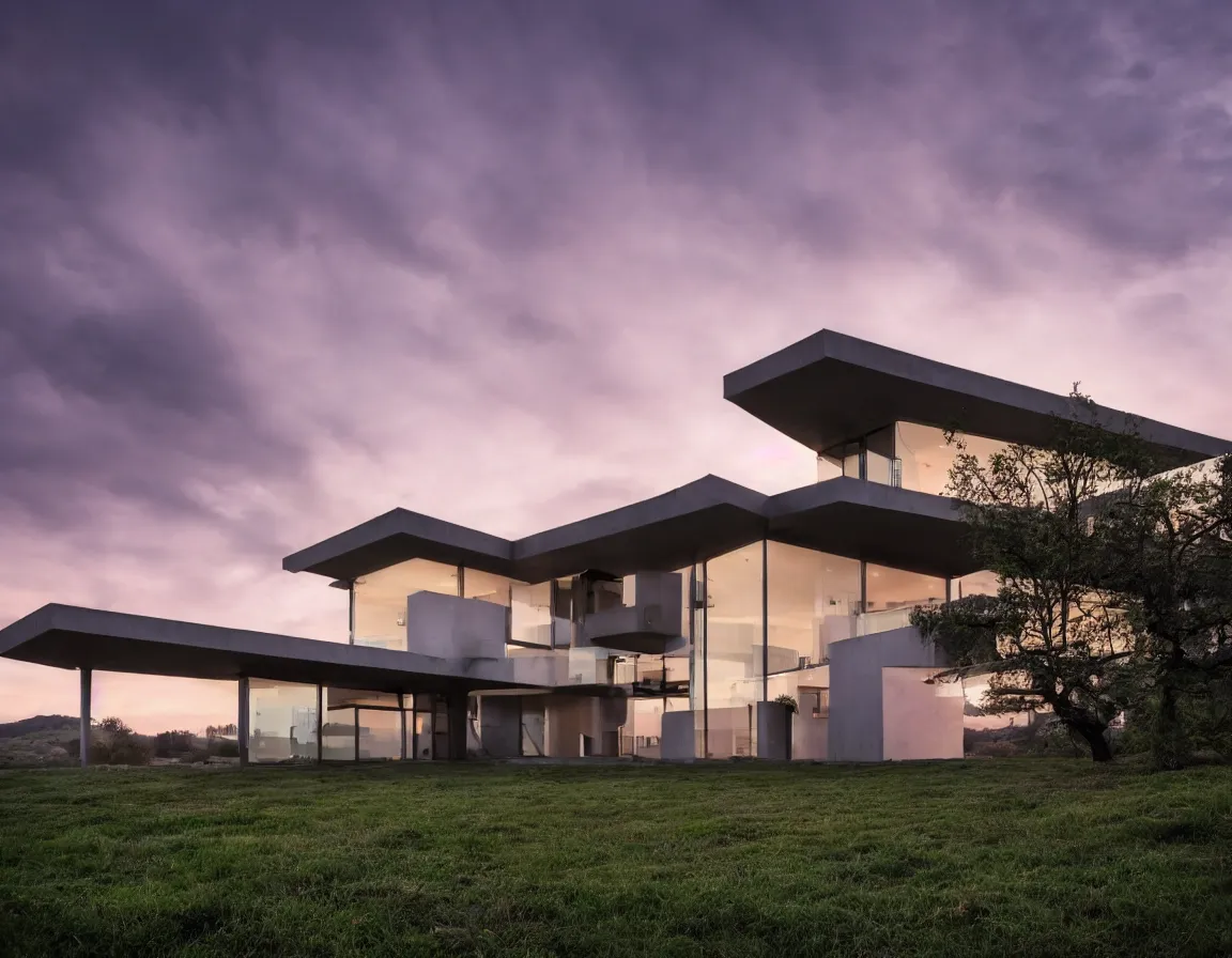 Prompt: house on a hill, modern architecture, house concept, sunset, morning, stary sky, rtx lighting, cloudy sky