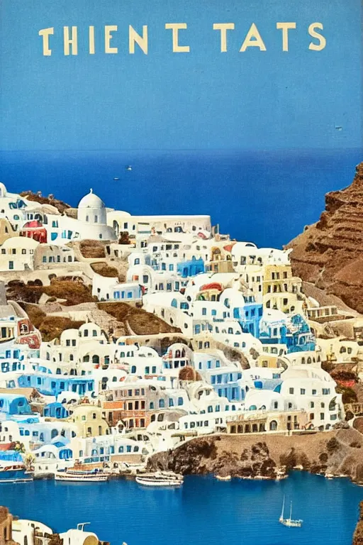 Image similar to Vintage Travel Poster of Santorini Greece, famous blue and white churches, rule of thirds