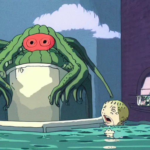 Prompt: screenshot from Miyazaki's my neighbor cthulhu, by ghibli animation