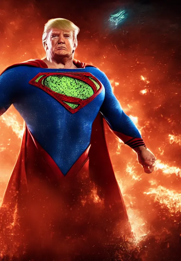 Image similar to Portrait of Donald Trump as superman in Gears of War, splash art, movie still, cinematic lighting, dramatic, octane render, long lens, shallow depth of field, bokeh, anamorphic lens flare, 8k, hyper detailed, 35mm film grain