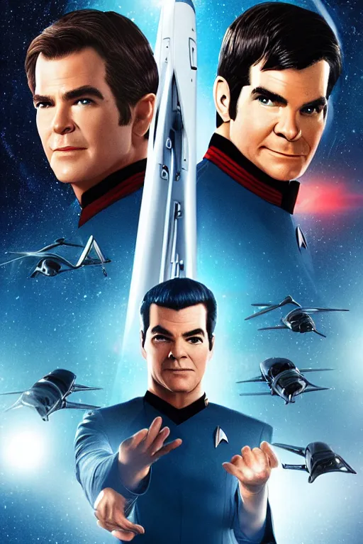 Prompt: movie poster for star trek beyond directed by Quentin Tarantino, USS Enterprise NCC-1701-A, Chris Pine, Zachary Quinto, Karl Urban, in the style of César Moreno and James Verdesoto, pulp fiction, highly detailed, photorealistic