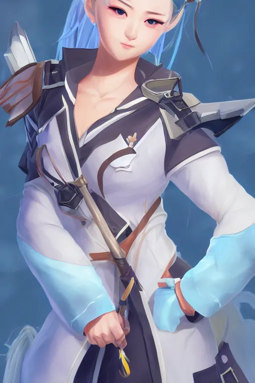 Image similar to a south korean female from paladins, white ponytail hair, she is holding a kunai, wearing light blue jacket, highly detailed digital art, character design, masterpiece